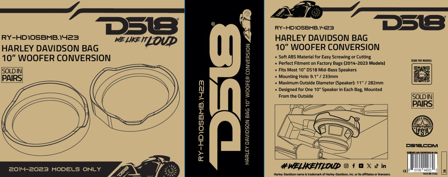 DS18 RY-HD10SBMB.1423 Harley Davidson Bag 10" Woofer Conversion Rings