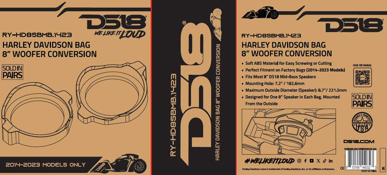 DS18 RY-HD8SBMB.1423 Harley Davidson Bag 8" Woofer Conversion Rings